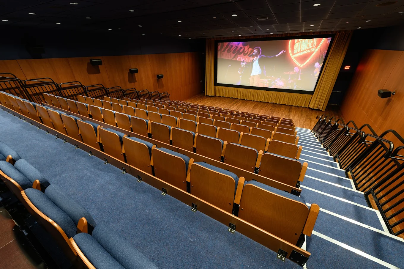 Cafritz Hall looking toward the screen, stadium seating in one block